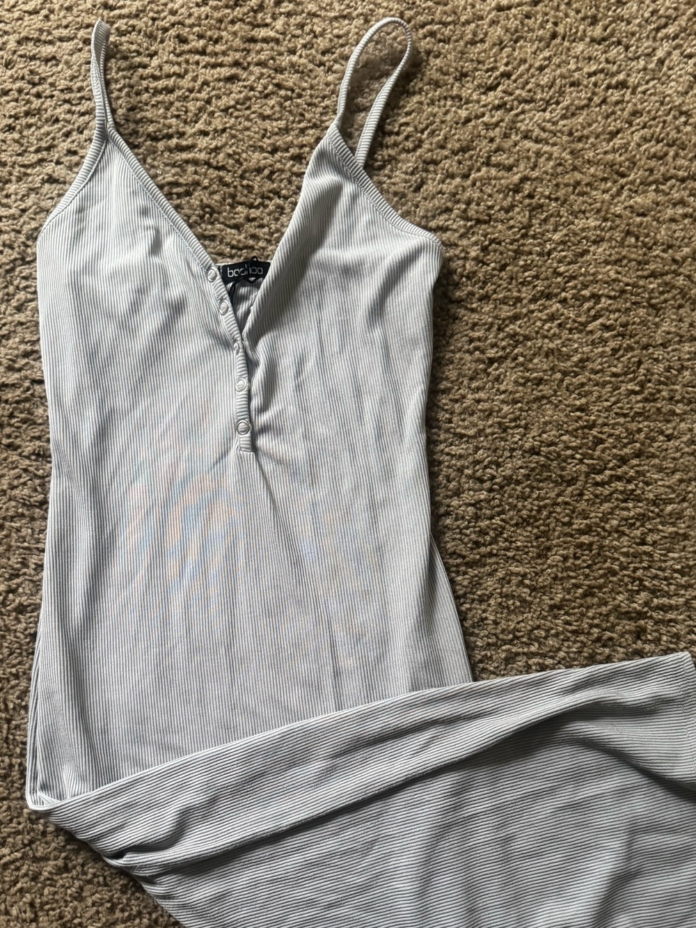 Boohoo Light Gray Ribbed Button-Front Slip Dress